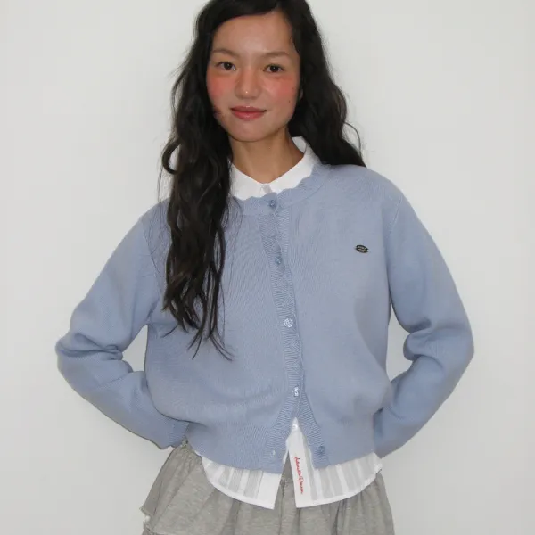 SCALLOP LINED BASIC KNIT CARDIGAN SOFT BLUE
