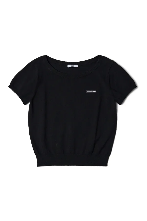 Label Knit Half Sleeve Top Black