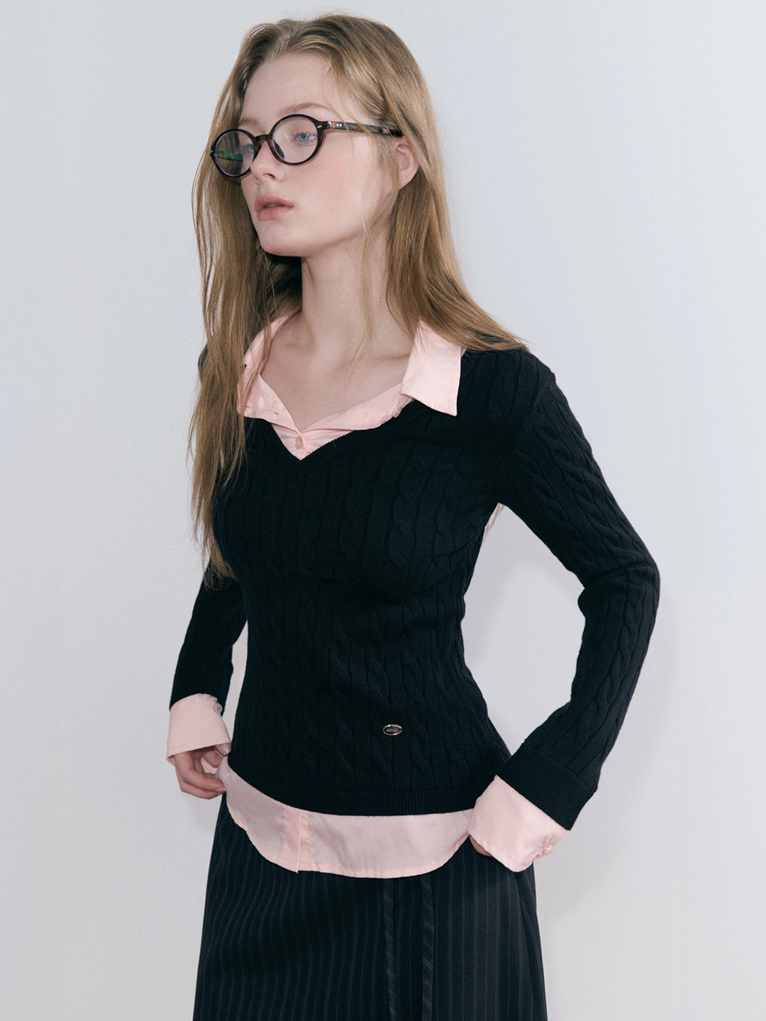 에트몽 Layered Shirt Cable Knit, Black 상품 이미지 1