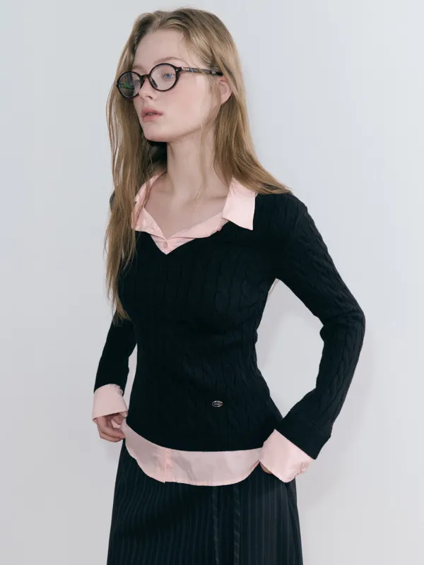 Layered Shirt Cable Knit, Black