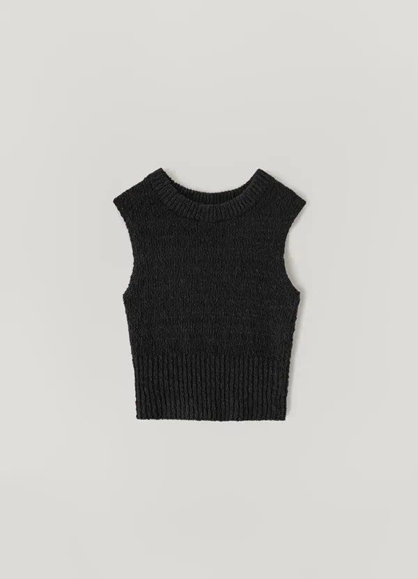 Cotton Slub Boucle Knit Vest - Black