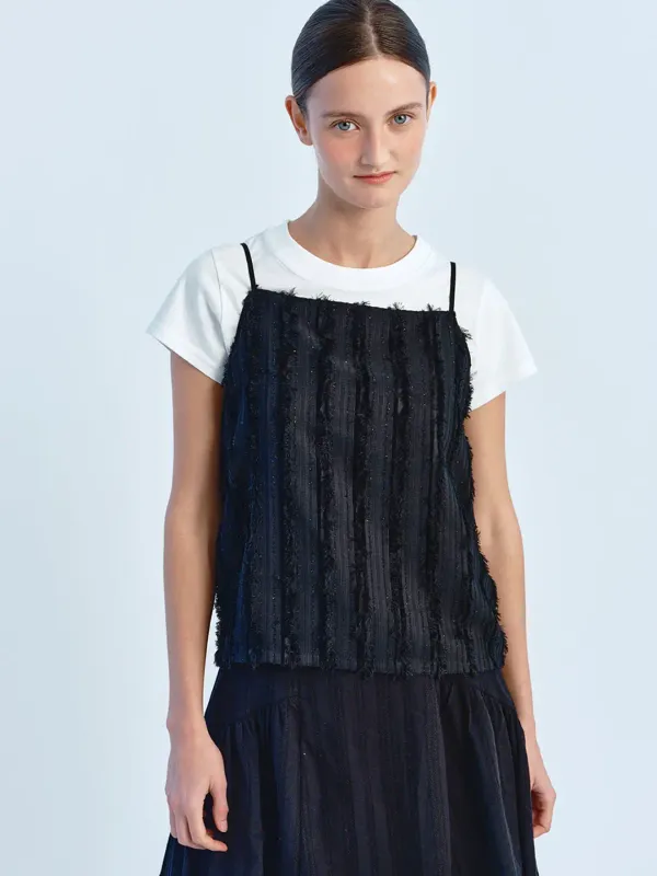 FRINGE SLEEVELESS BLOUSE - BLACK