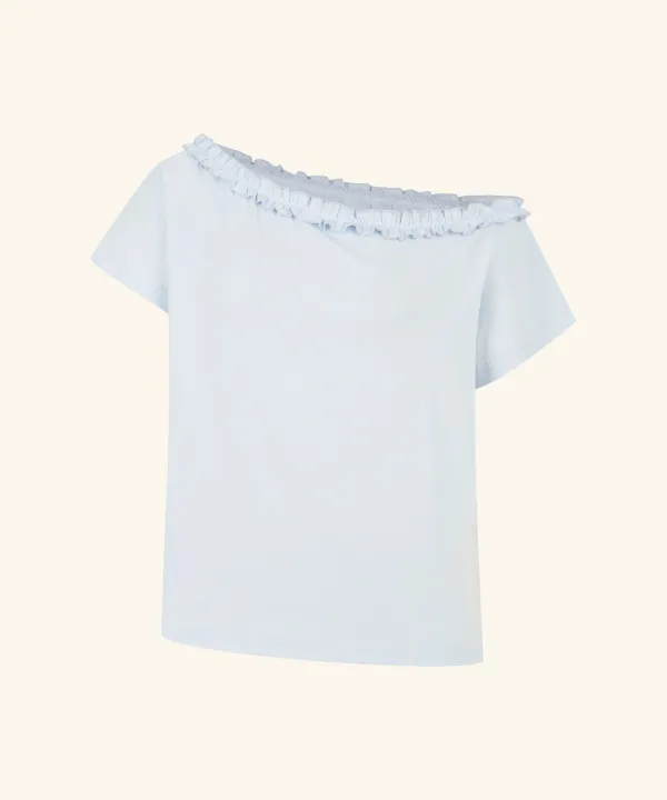 [오버핏 6/9, 레귤러 6/15 순차배송] Sove Frill One-Shoulder Short Sleeve T-Shirt (Sky Blue)