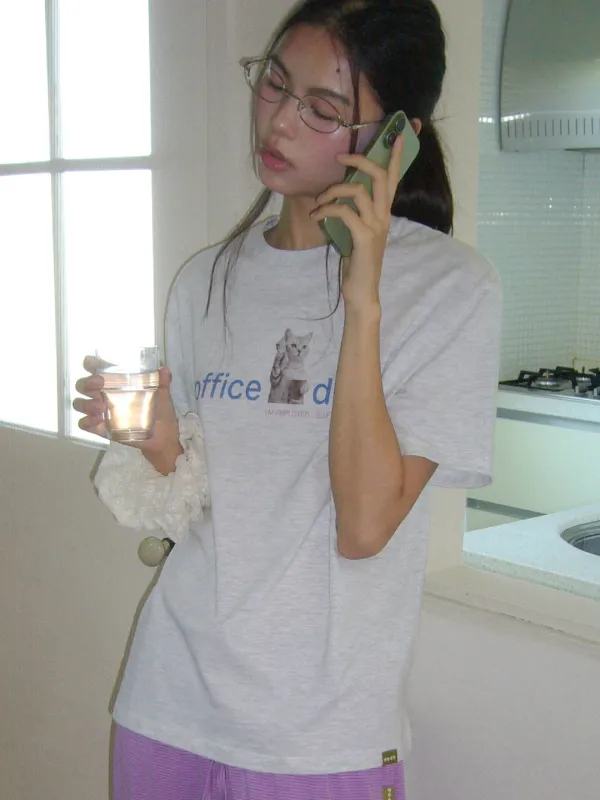 Office Diva Cat T-Shirt - White Melange