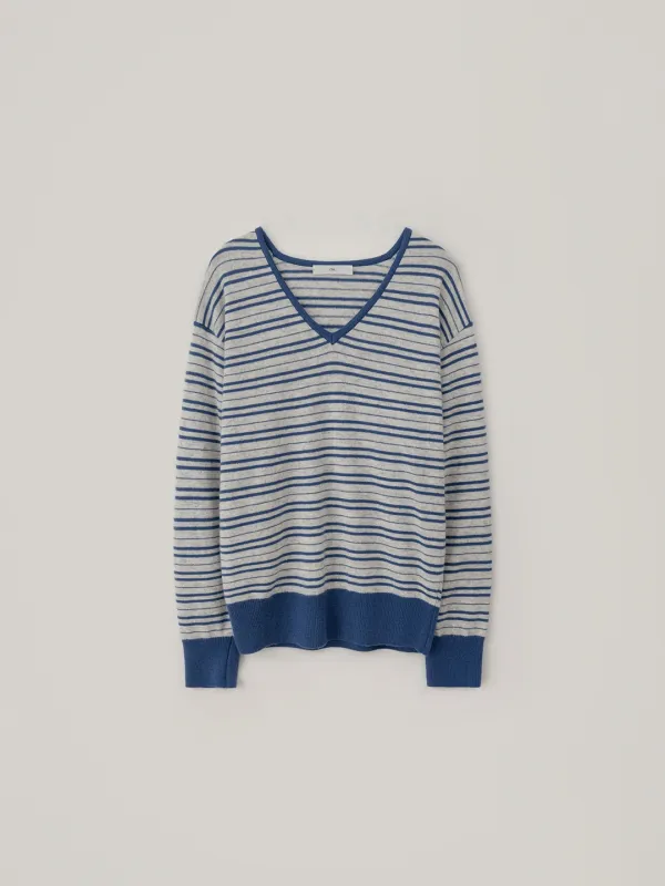 [Cashmere] Dolce Stripe V-Neck Knit - Blue