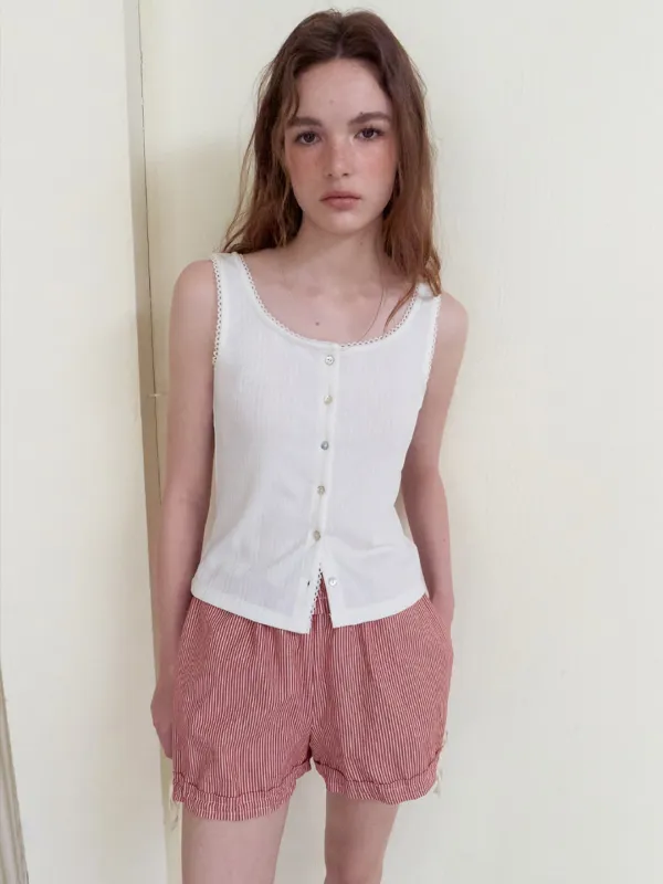 Lace-Trim Button Sleeveless, Ivory