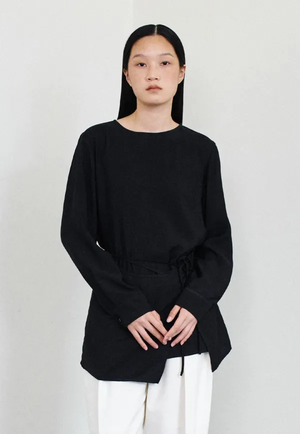 WRAP LAYERED LONG SLEEVE BLOUSE - BLACK