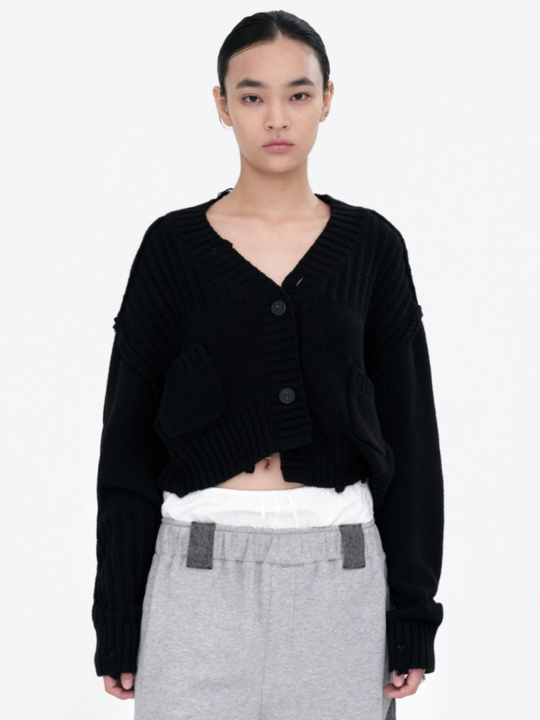 밀로 우먼 Mixed Cropped Loose Cardigan [Black] 상품 이미지 1