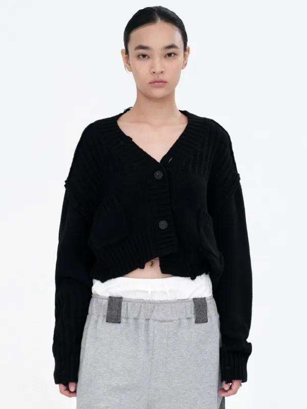 Mixed Cropped Loose Cardigan [Black]