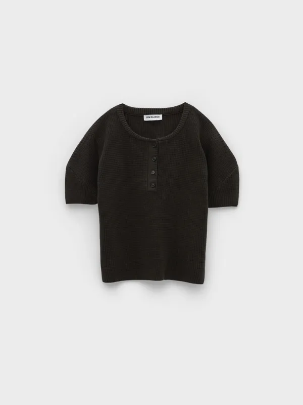 Puff Sleeve Henry Neck Knit Top_Brown