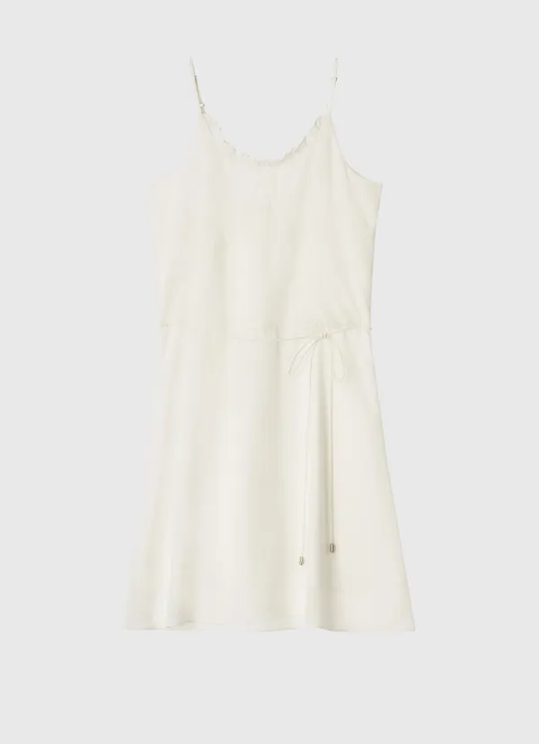Jacquard rope belt frill neck mini dress - ivory