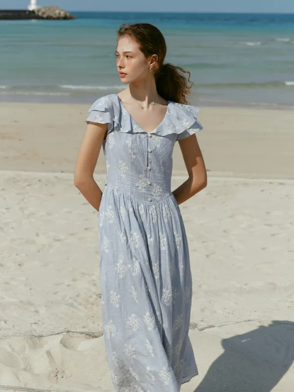 RILEY frill sleeved embroidered dress_sky blue