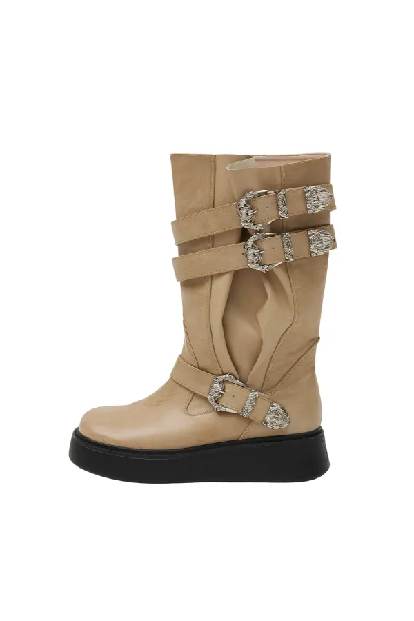 WESTERN BUCKLE FOLDING BOOTS BEIGE