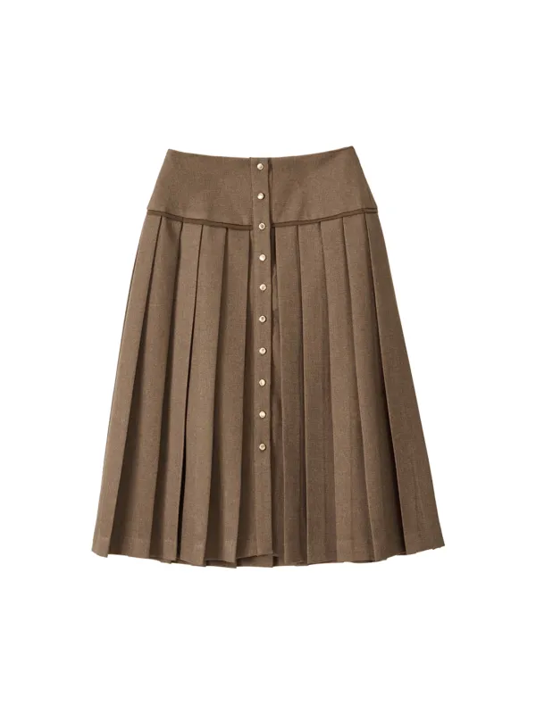 Classic Button Pleated Skirt_ Brown