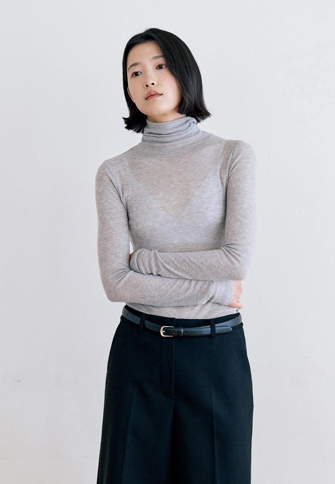 노티아 WOOL RIB TURTLE NECK T-SHIRT - MELANGE GRAY 상품 이미지 2