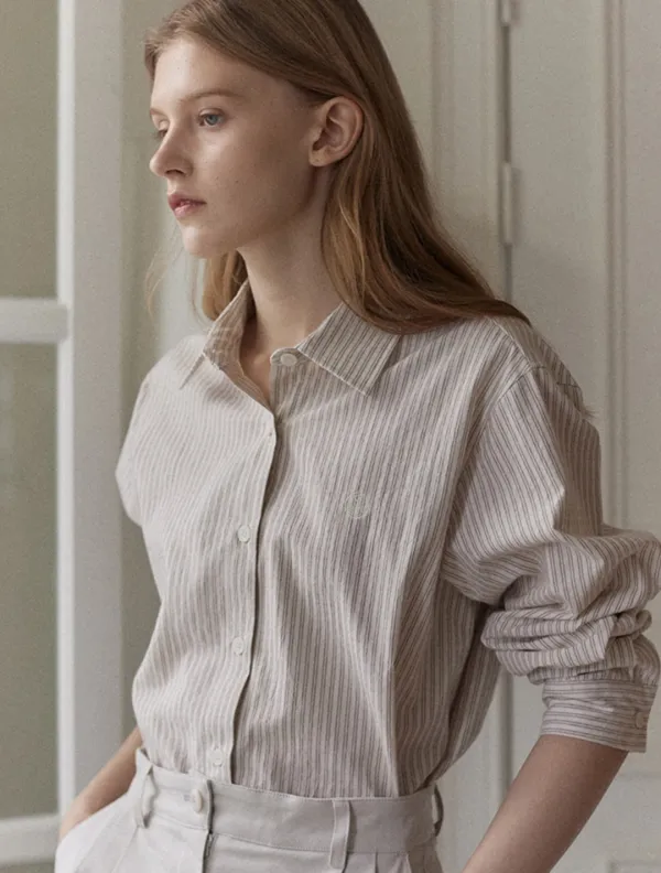 Emblem Logo Stripe Shirt - Beige