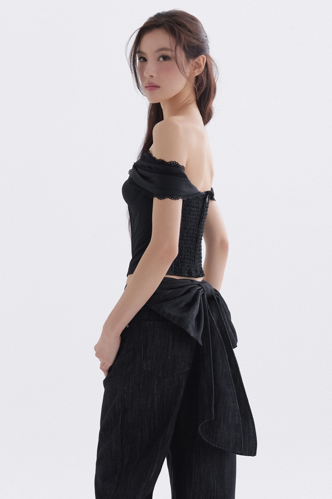 더티스 Back Navi Ribbon Denim Pants (Black) 상품 이미지 2