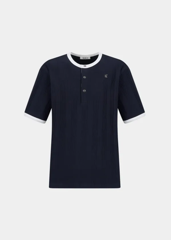 COTTON RIBBED RINGER HENLEY NECK - NAVY
