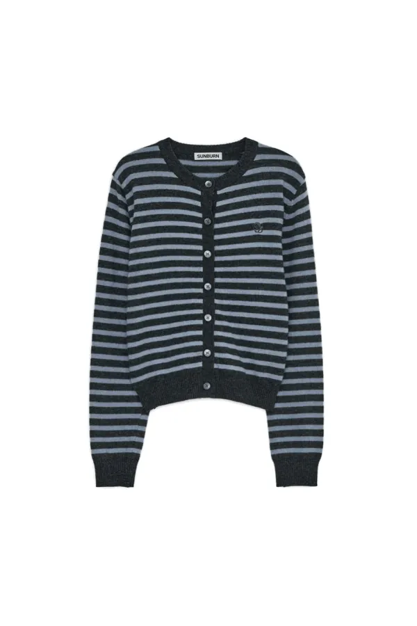 CASHMERE STRIPE ROUND CARDIGAN, CHARCOAL