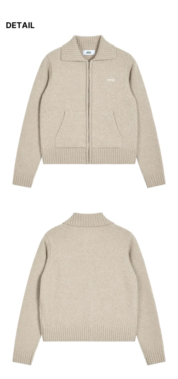 (W) BOUCLE KNIT ZIP CARDIGAN-BEIGE