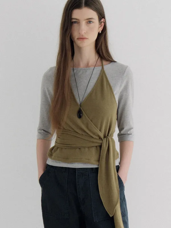 layered halter wrap T-shirt (olive) orc 6105