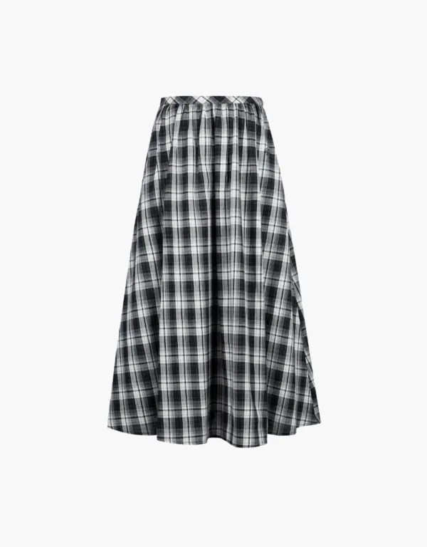 shirring flare check long skirt - black