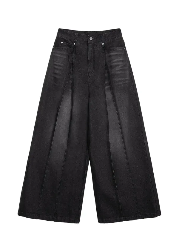 Structured Pin-Tuck Denim Pants [ Black ]