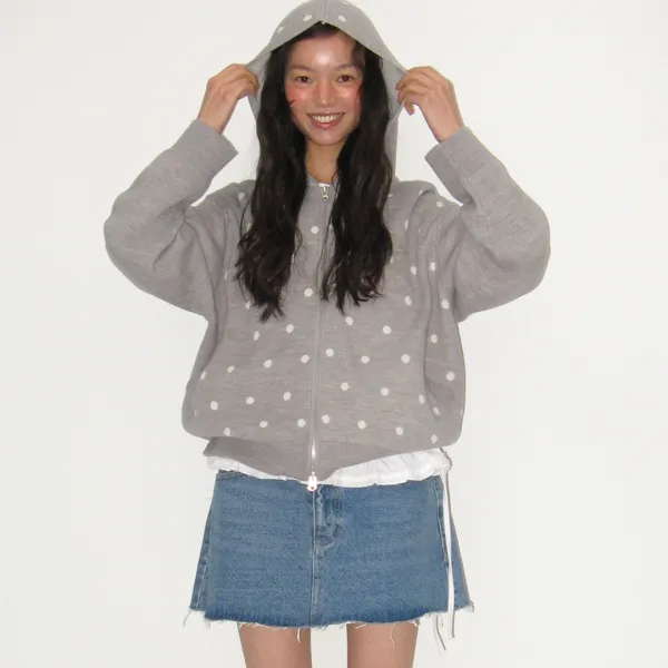 DOT HOODED ZIP UP KNIT GREY WHITE DOT