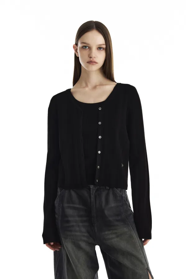 Essential Ribbed V-Neck Knit Cardigan [ Black ]