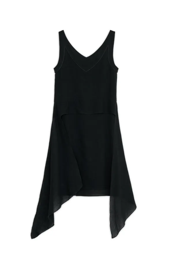 SOFT GAUZE LAYERED ONE-PIECE, BLACK