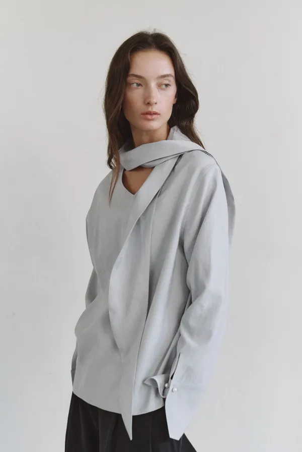 Lisa 2-Way Scarf Blouse (Blue Gray)