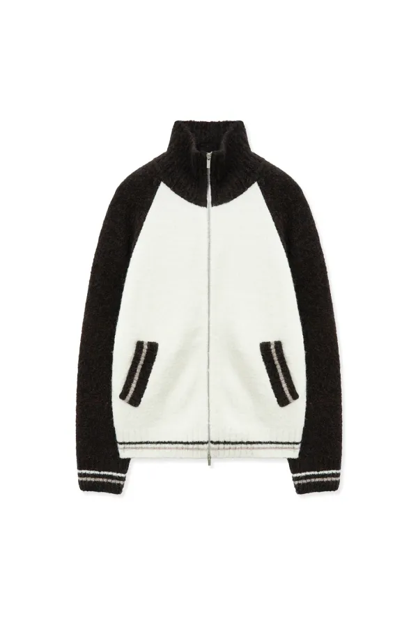HIGH NECK RAGLAN KNIT ZIP UP FOR WOMEN IN DARK BROWN