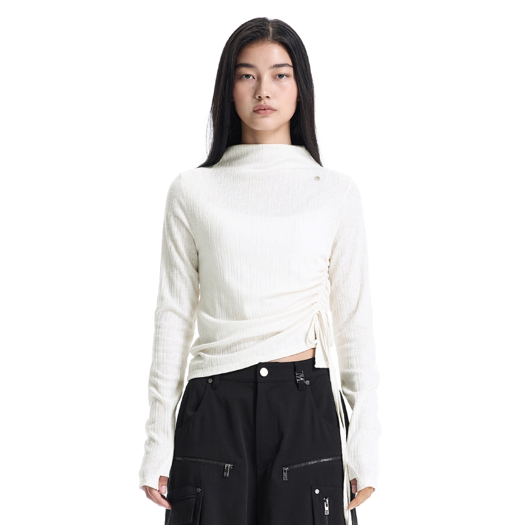 트리밍버드 String Ribbed Mock Neck Long Sleeve T-Shirt [ Ivory ] 상품 이미지 1
