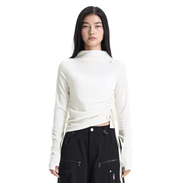 String Ribbed Mock Neck Long Sleeve T-Shirt [ Ivory ]
