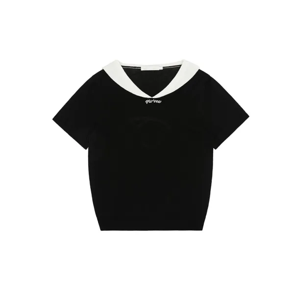 Giant Smiley Sailor Short Sleeve Knit Top (ebony black)