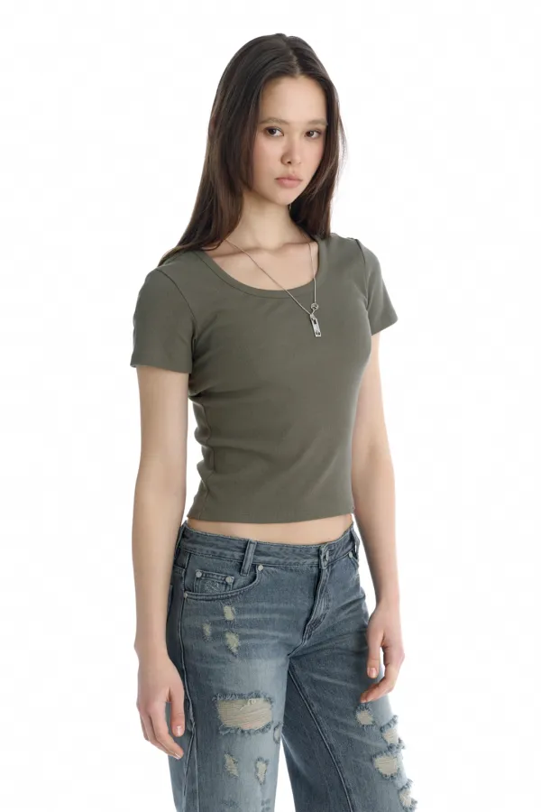Essential U-Neck Ribbed T-Shirt [ Charcoal ]