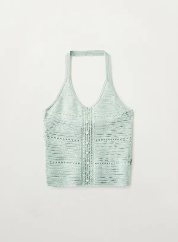 [신예은 Pick] (W) Crochet Halter Neck Knit Bustier - Sky Blue