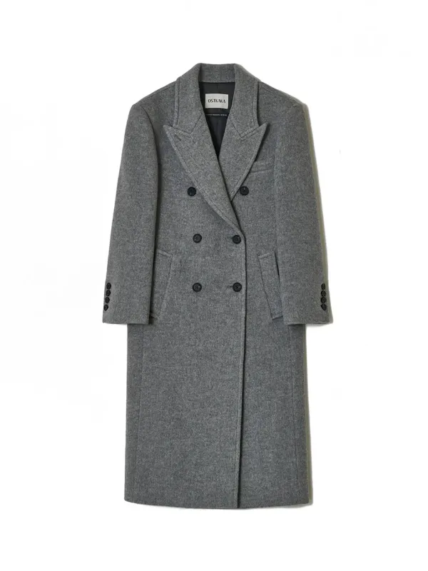 Cashmere Peaked Collar Double Long Coat Melange Grey