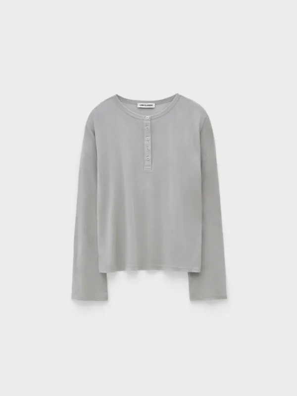 Henley Neck Cotton Long Sleeve T-Shirt_Light Grey