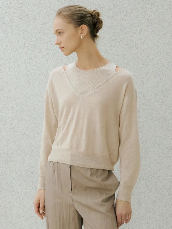 LINEN V-CUT LAYERD KNIT_2COLOR