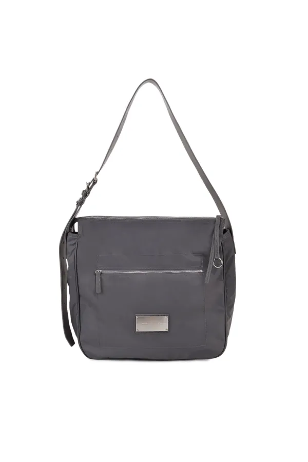 EMBOSSED LOGO FABRIC SHOULDER BAG IN CHARCOAL