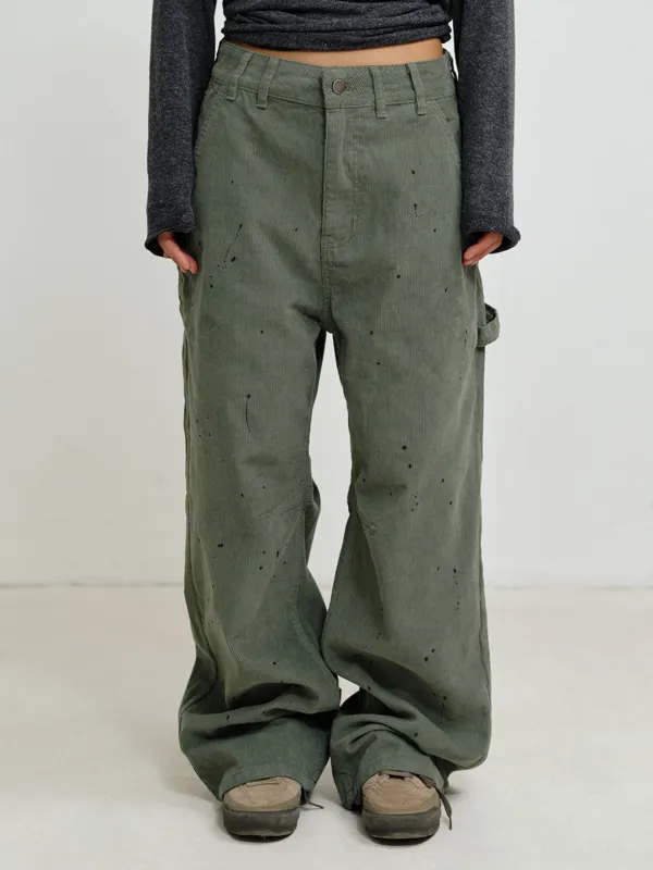 [PLZPROJECT] CORDUROY PAINTING CINCH-BACK PANTS, MOSS GREEN