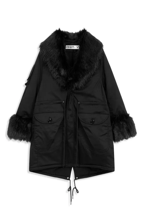 FAUX FUR TRIMMING SAFARI JACKET, BLACK