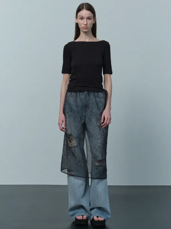 back scoop neck half sleeve T (black)