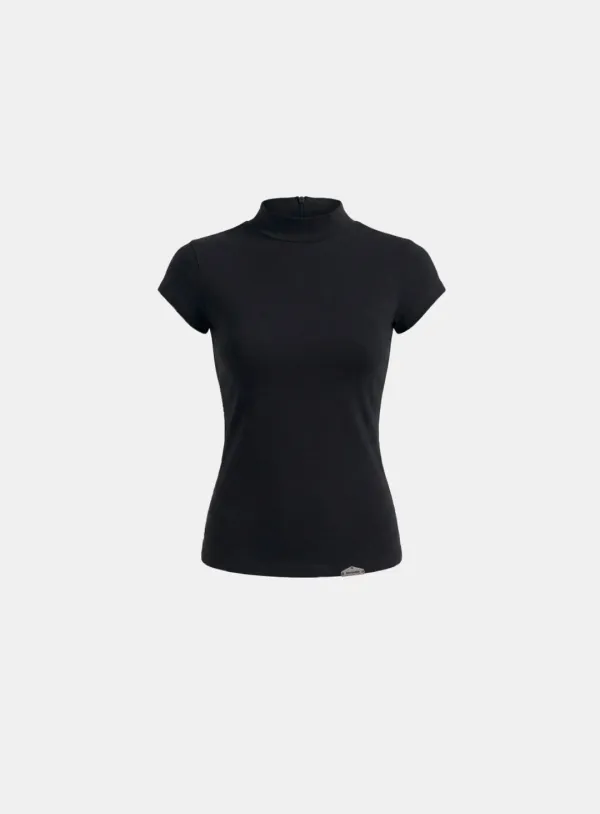 [w-tee26-068] Viper Logo Mock-Neck Cap Sleeve - Black