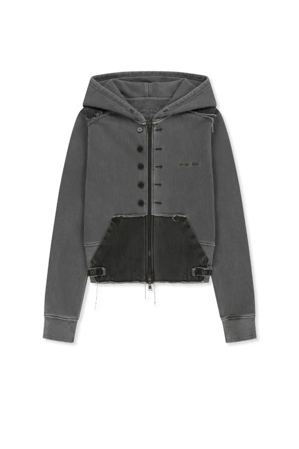 FADED WASHED HOODY ZIP UP IN CHARCOAL