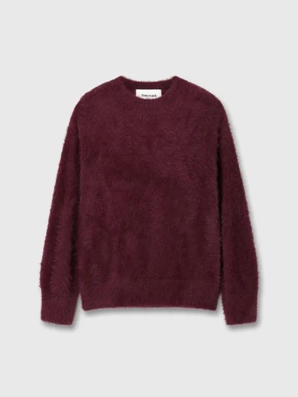 (W) FAUX FUR CREW-NECK TOP_ BURGUNDY