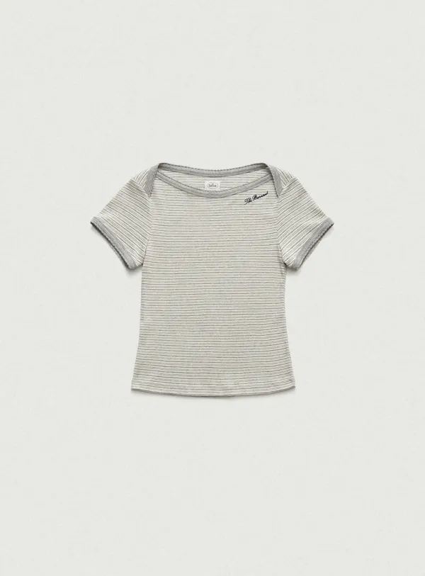 Noelle Boat Neck Stripe Slim Top_Grey