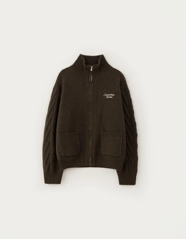 Pocket Wool Knit Zip-up - Brown