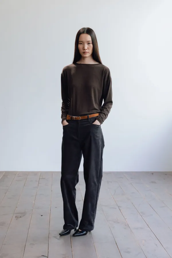Wool blend relaxed boat neck T-shirt_darkwood